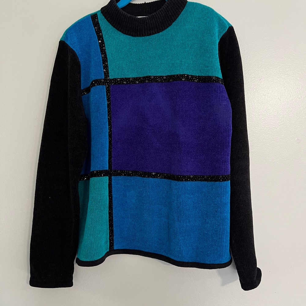 Drapers Damons Petites Colorblock Sequin Sweater‎ Teal Purple Blue PS grannycore